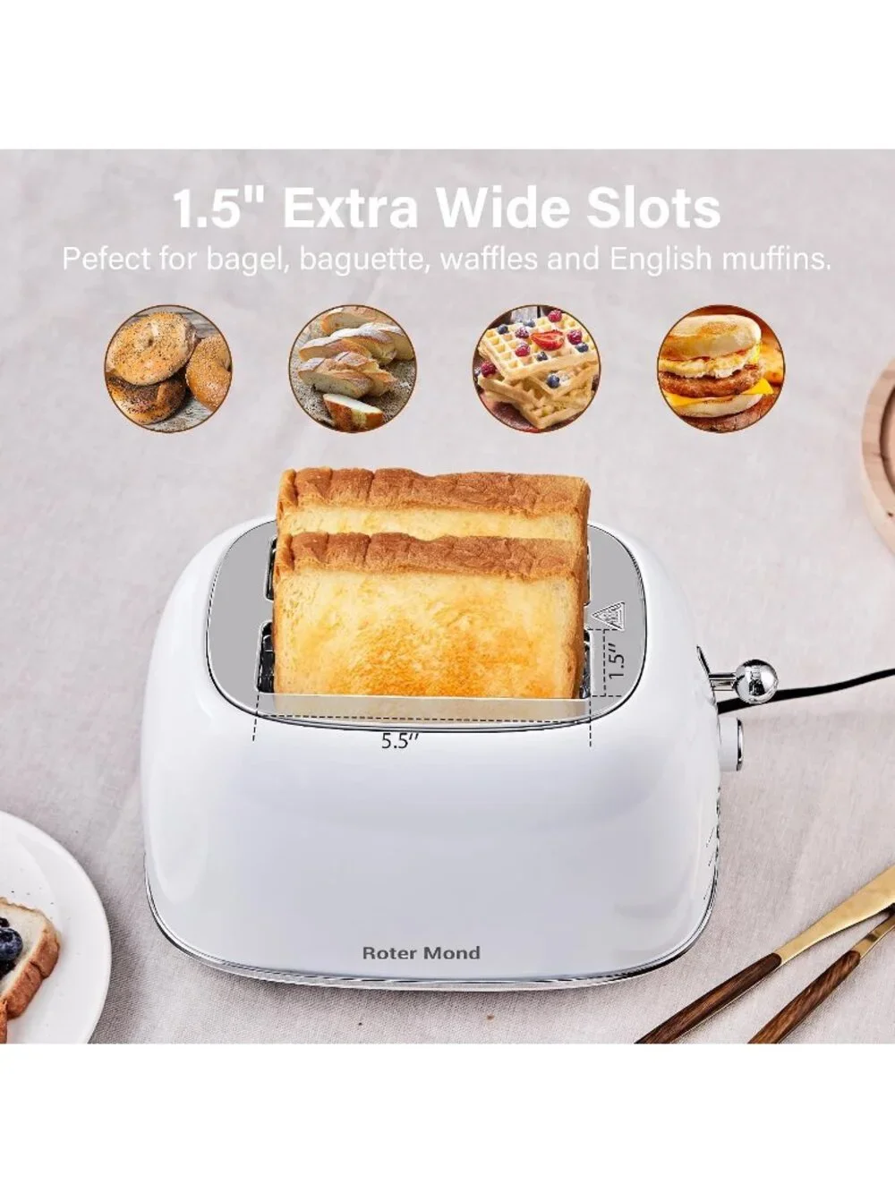 2 Slice White Retro Stainless Steel with Bagel Defrost Functions Tray Toaster